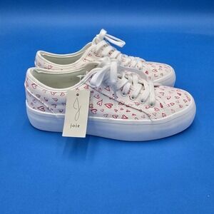 NEW  Joie Sneakers-White‎ Canvas W/Pink Hearts-Lace-up US Size 8M Thick Soles